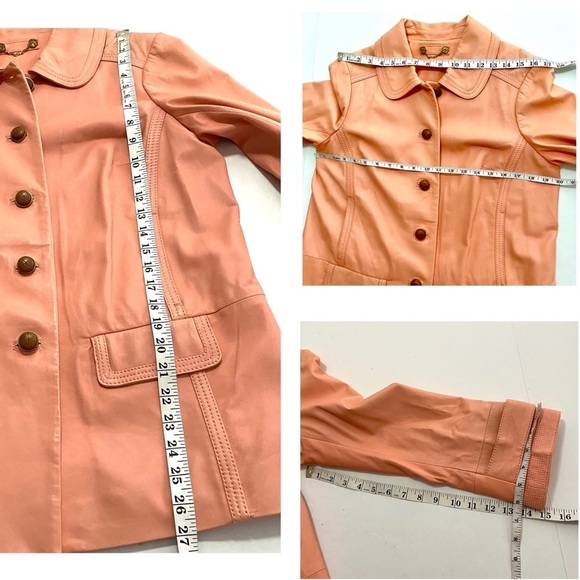 Tory Burch Peach Pink Soft Leather Jacket Sz Large Button Up Pockets Neutral - Picture 15 of 15